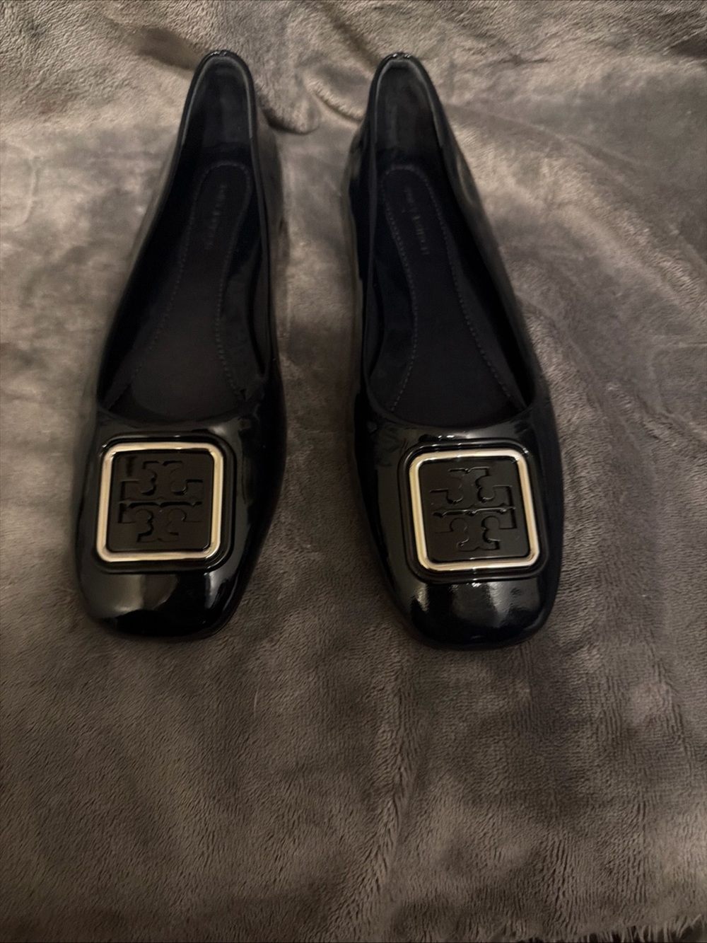 Tory Burch Black Patent Logo Square-Toe Flats with Silver Plaque